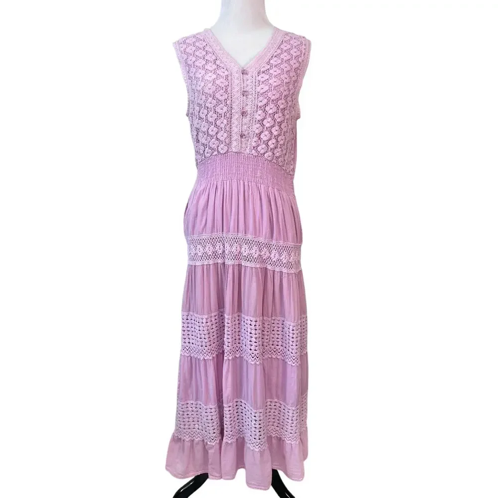 Crochet Tiered Maxi Dress Womens L Pink Purple Cottage Boho Romantic Cotton - Picture 1 of 15